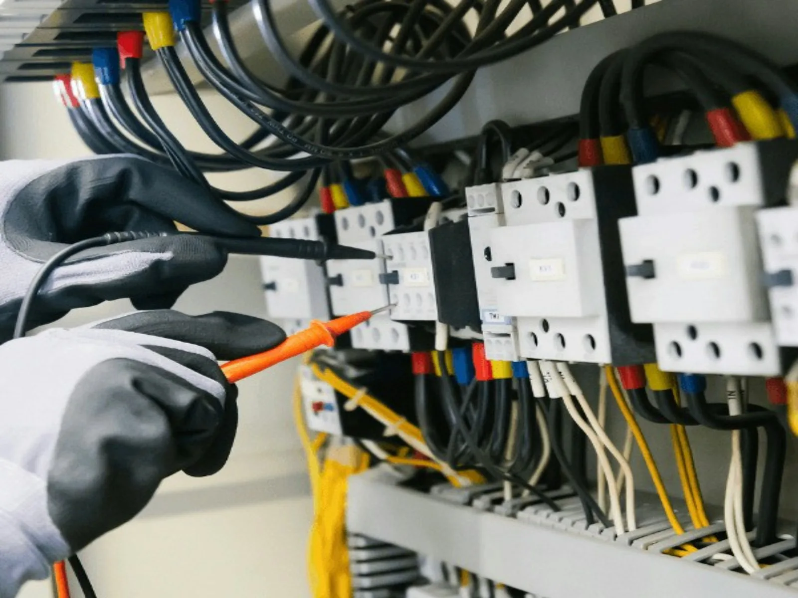 Elektriker mäter med multimeter på en elcentral